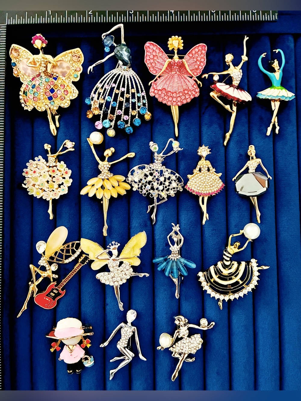 Lot of 17 Ballerina Brooches Dancer Pins Enamel Crystal Rhinestone Jewelry